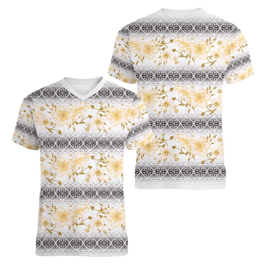 Samoa White Sunday Women V-Neck T-Shirt Samoan Tapa Yellow Hibiscus - Polynesian Pride