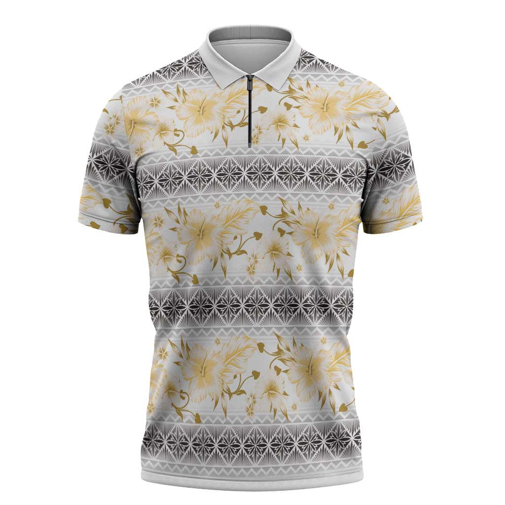 Samoa White Sunday Zipper Polo Shirt Samoan Tapa Yellow Hibiscus - Polynesian Pride