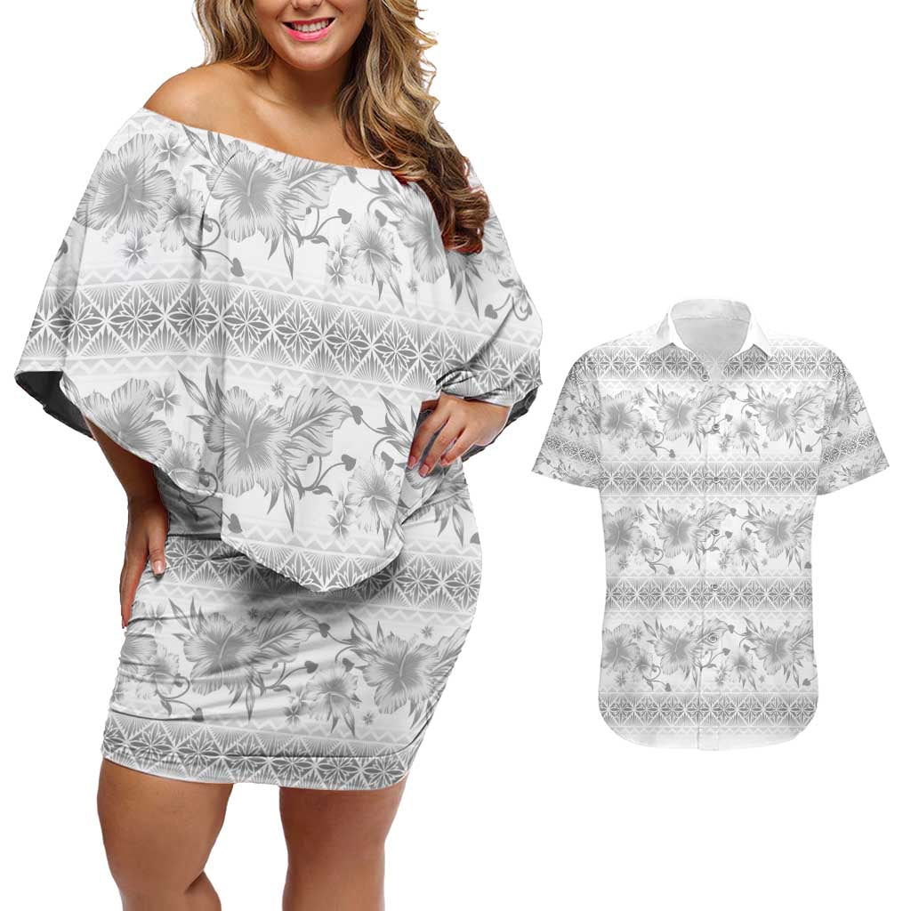 Samoa White Sunday Couples Matching Off Shoulder Short Dress and Hawaiian Shirt Samoan Tapa White Hibiscus - Polynesian Pride