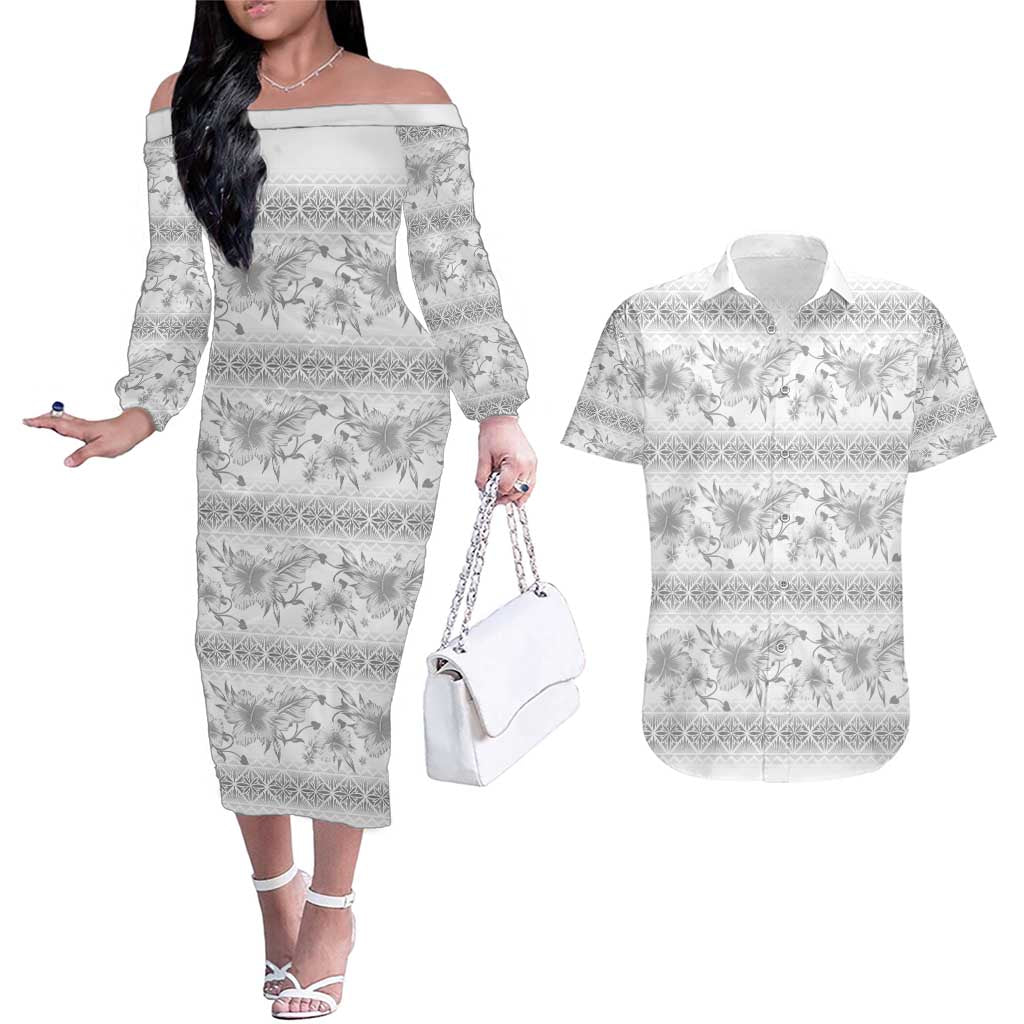 Samoa White Sunday Couples Matching Off The Shoulder Long Sleeve Dress and Hawaiian Shirt Samoan Tapa White Hibiscus - Polynesian Pride