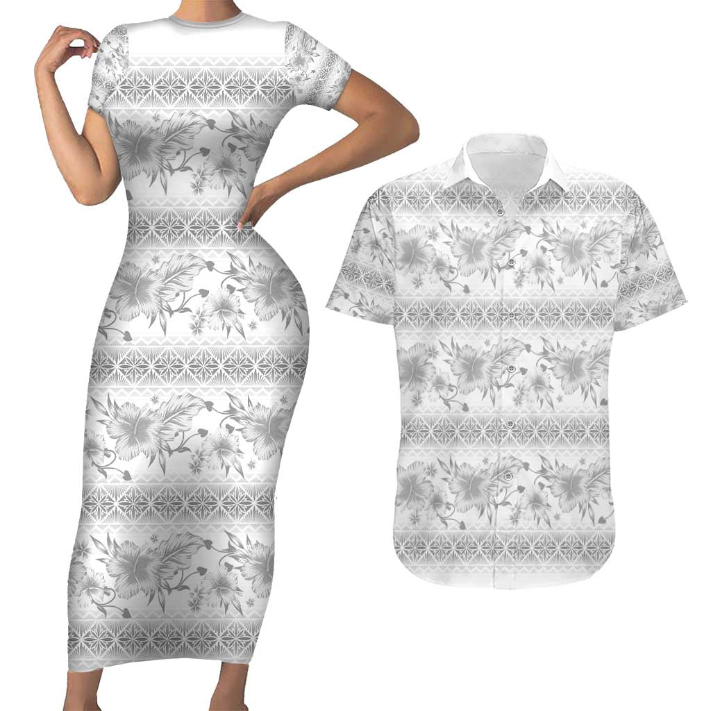 Samoa White Sunday Couples Matching Short Sleeve Bodycon Dress and Hawaiian Shirt Samoan Tapa White Hibiscus - Polynesian Pride