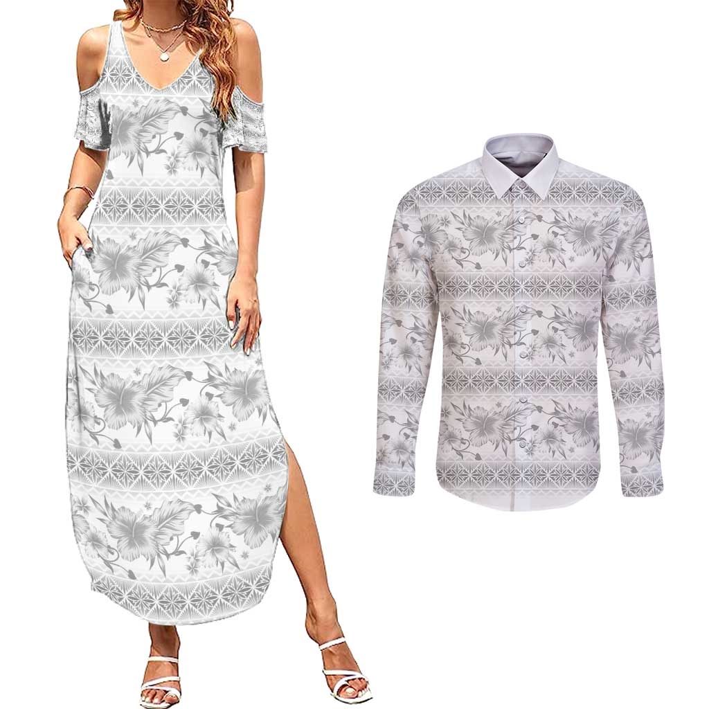 Samoa White Sunday Couples Matching Summer Maxi Dress and Long Sleeve Button Shirt Samoan Tapa White Hibiscus - Polynesian Pride