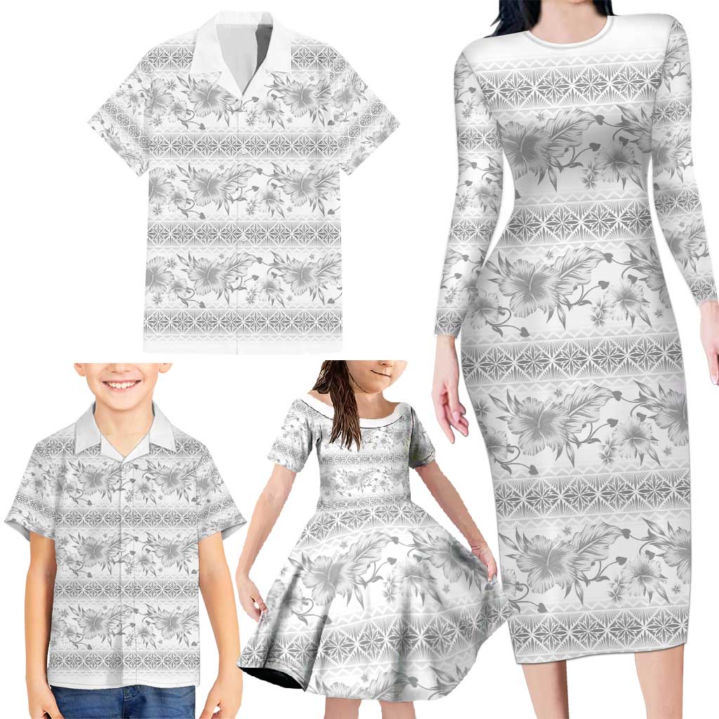 Samoa White Sunday Family Matching Long Sleeve Bodycon Dress and Hawaiian Shirt Samoan Tapa White Hibiscus LT05 - Polynesian Pride