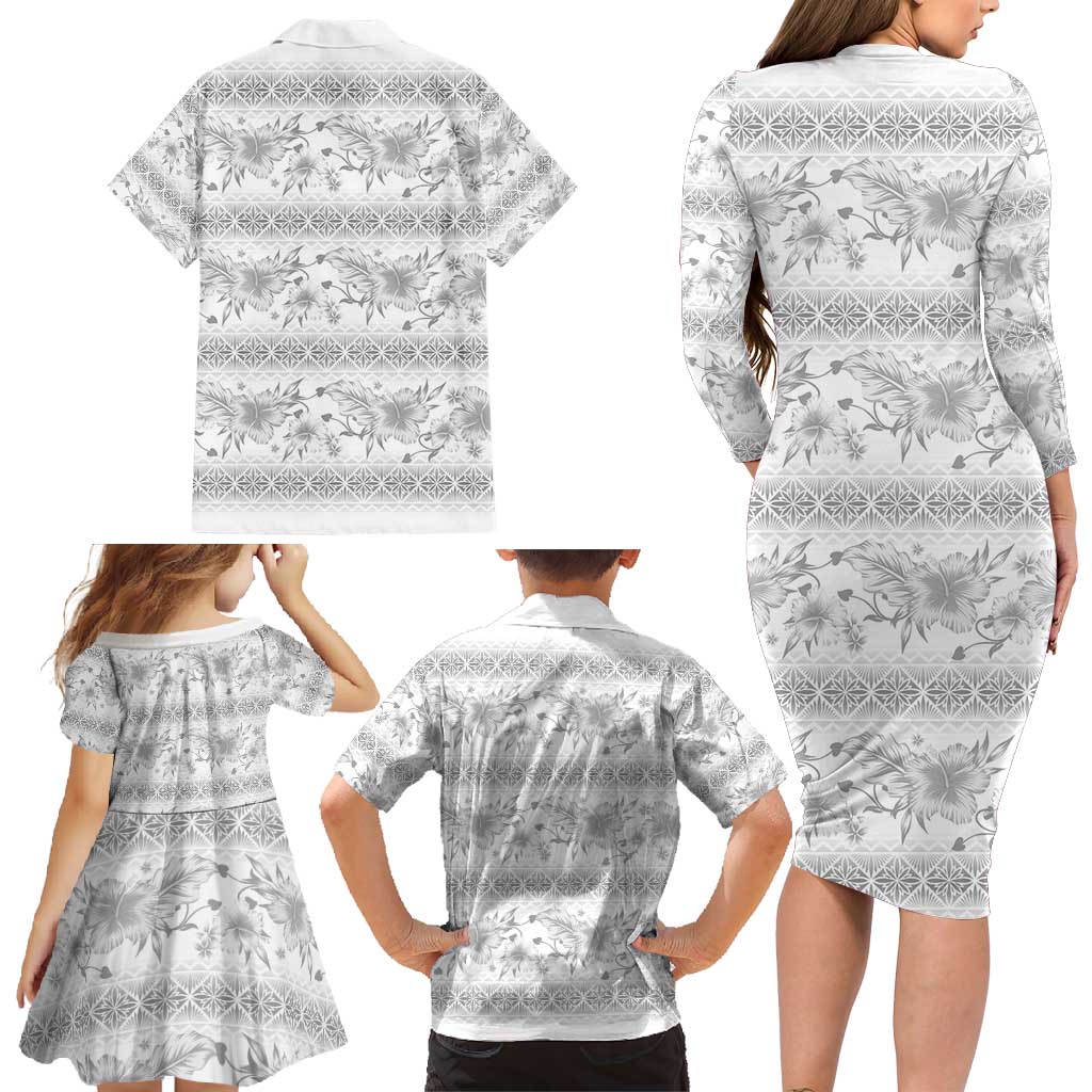 Samoa White Sunday Family Matching Long Sleeve Bodycon Dress and Hawaiian Shirt Samoan Tapa White Hibiscus LT05 - Polynesian Pride