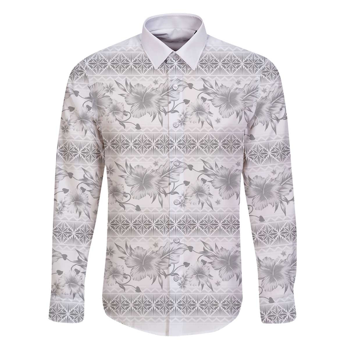 Samoa White Sunday Family Matching Off The Shoulder Long Sleeve Dress and Hawaiian Shirt Samoan Tapa White Hibiscus LT05 Dad's Shirt - Long Sleeve White - Polynesian Pride
