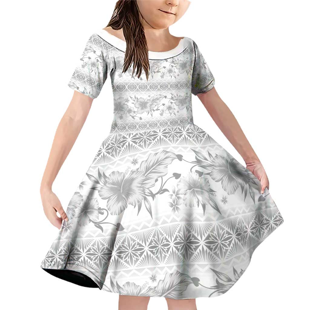 Samoa White Sunday Family Matching Off Shoulder Short Dress and Hawaiian Shirt Samoan Tapa White Hibiscus - Polynesian Pride