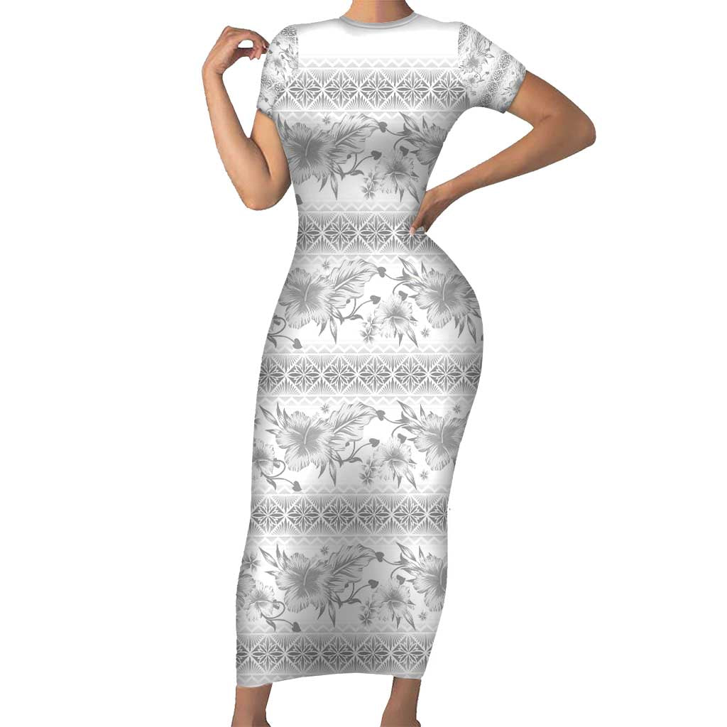 Samoa White Sunday Family Matching Short Sleeve Bodycon Dress and Hawaiian Shirt Samoan Tapa White Hibiscus LT05 Mom's Dress White - Polynesian Pride