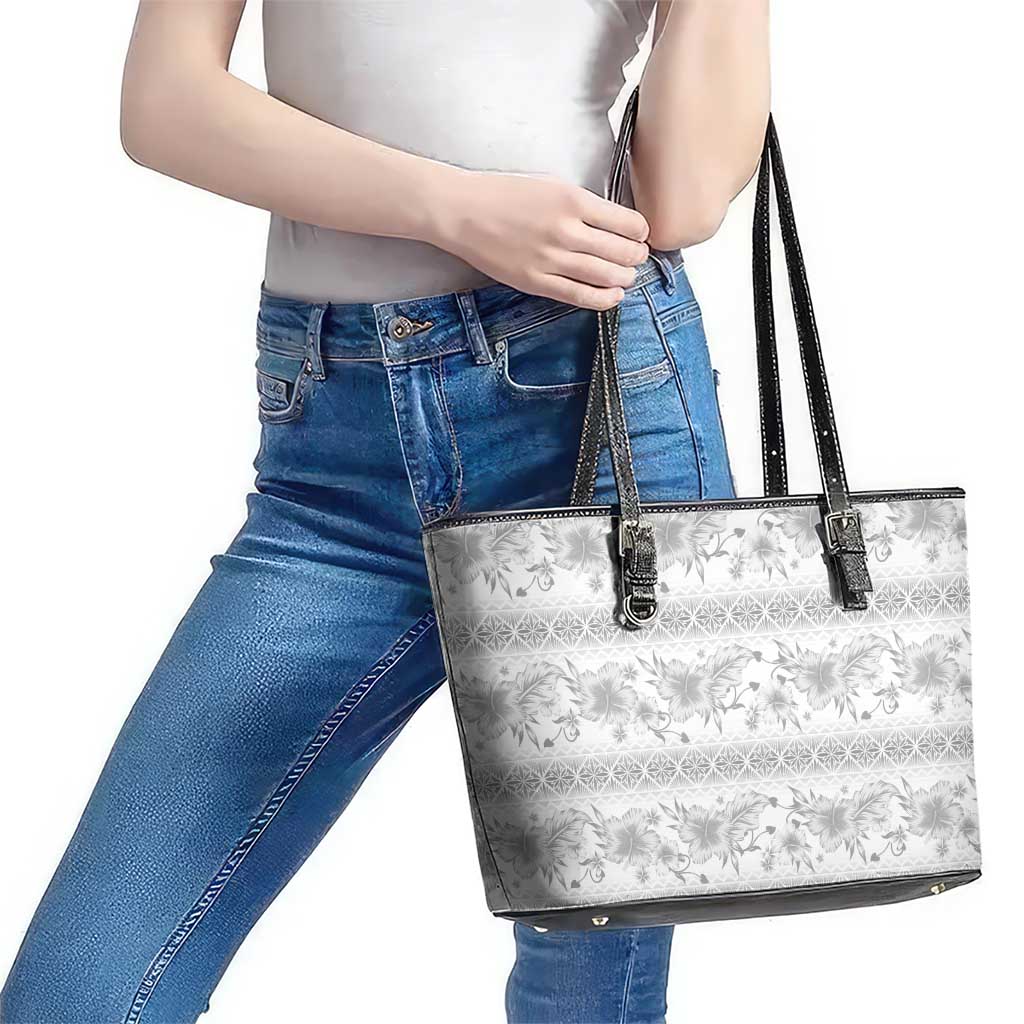 Samoa White Sunday Leather Tote Bag Samoan Tapa White Hibiscus - Polynesian Pride