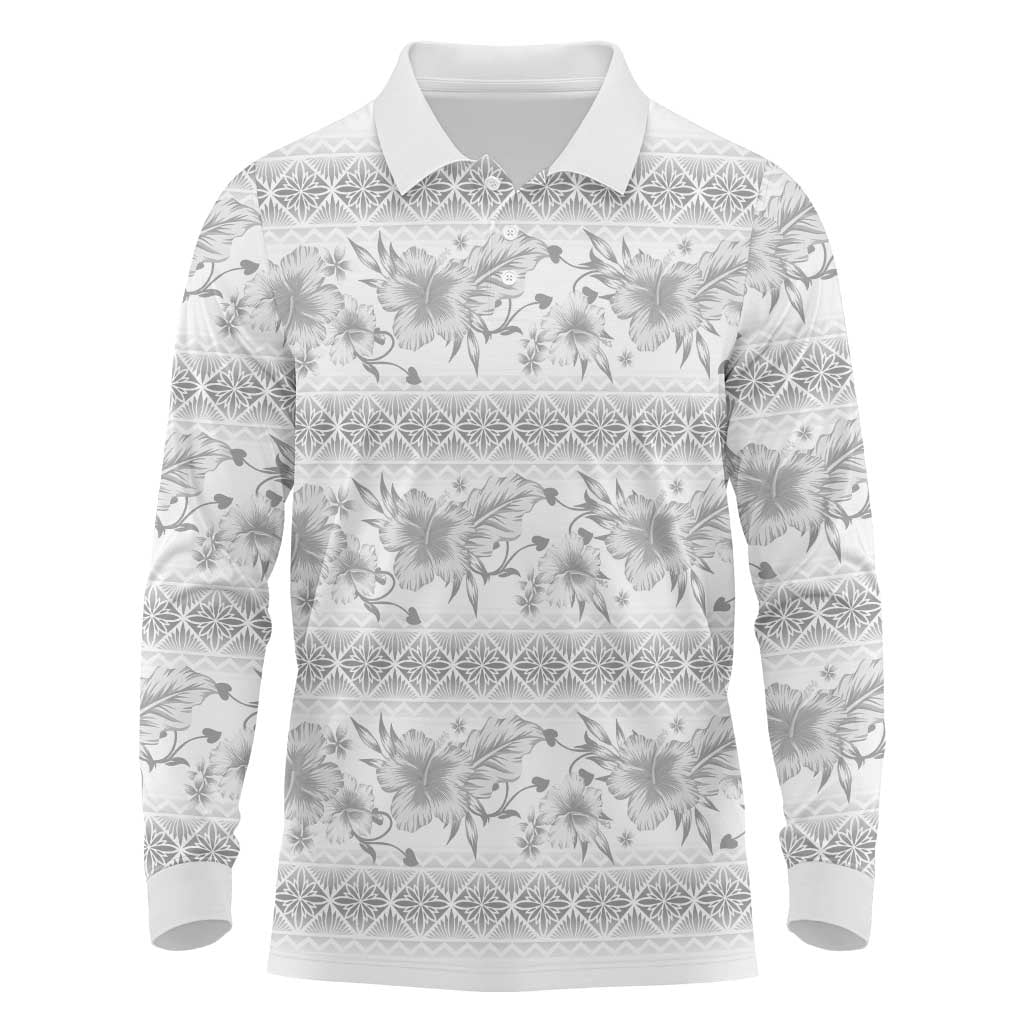 Samoa White Sunday Long Sleeve Polo Shirt Samoan Tapa White Hibiscus - Polynesian Pride