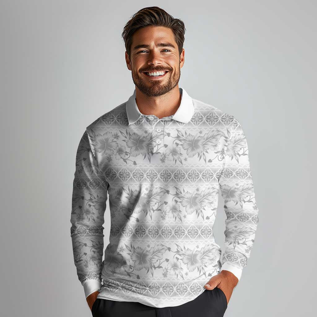 Samoa White Sunday Long Sleeve Polo Shirt Samoan Tapa White Hibiscus - Polynesian Pride