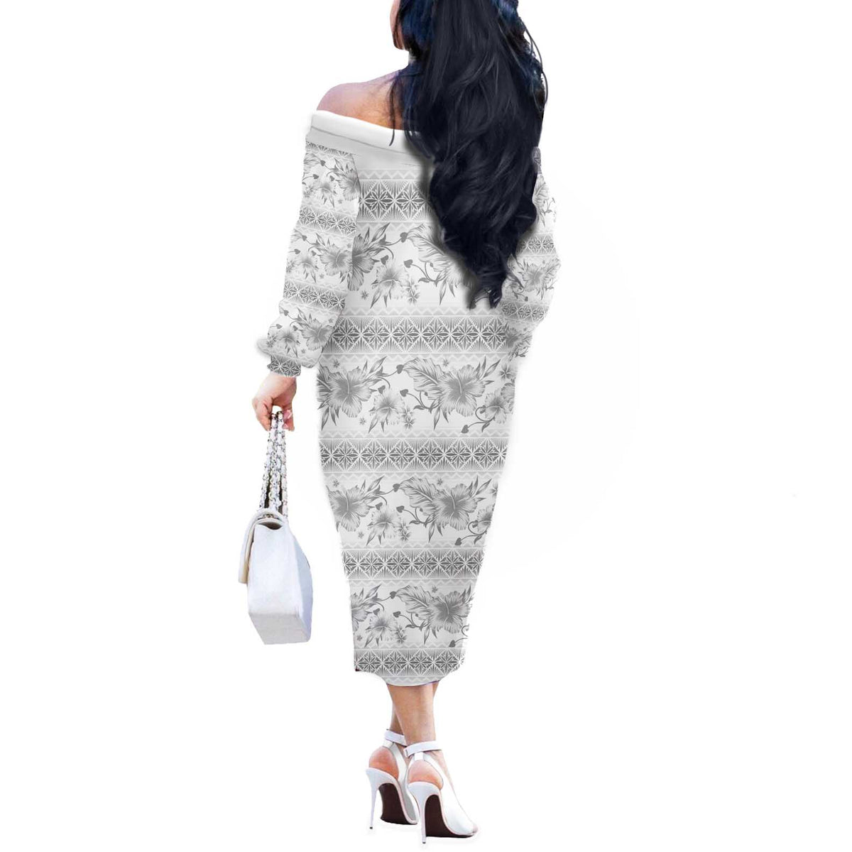 Samoa White Sunday Off The Shoulder Long Sleeve Dress Samoan Tapa White Hibiscus - Polynesian Pride