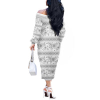 Samoa White Sunday Off The Shoulder Long Sleeve Dress Samoan Tapa White Hibiscus - Polynesian Pride