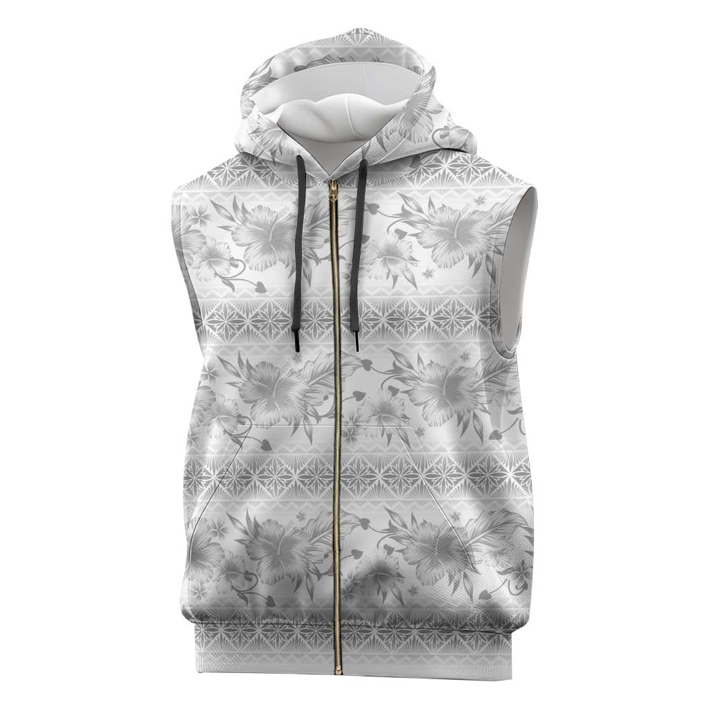 Samoa White Sunday Sleeveless Zip Hoodie Samoan Tapa White Hibiscus - Polynesian Pride