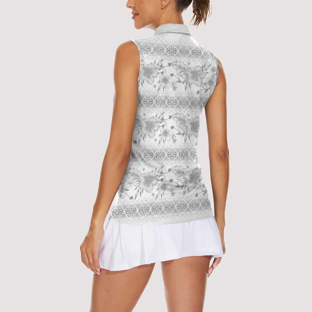 Samoa White Sunday Women Sleeveless Polo Shirt Samoan Tapa White Hibiscus - Polynesian Pride
