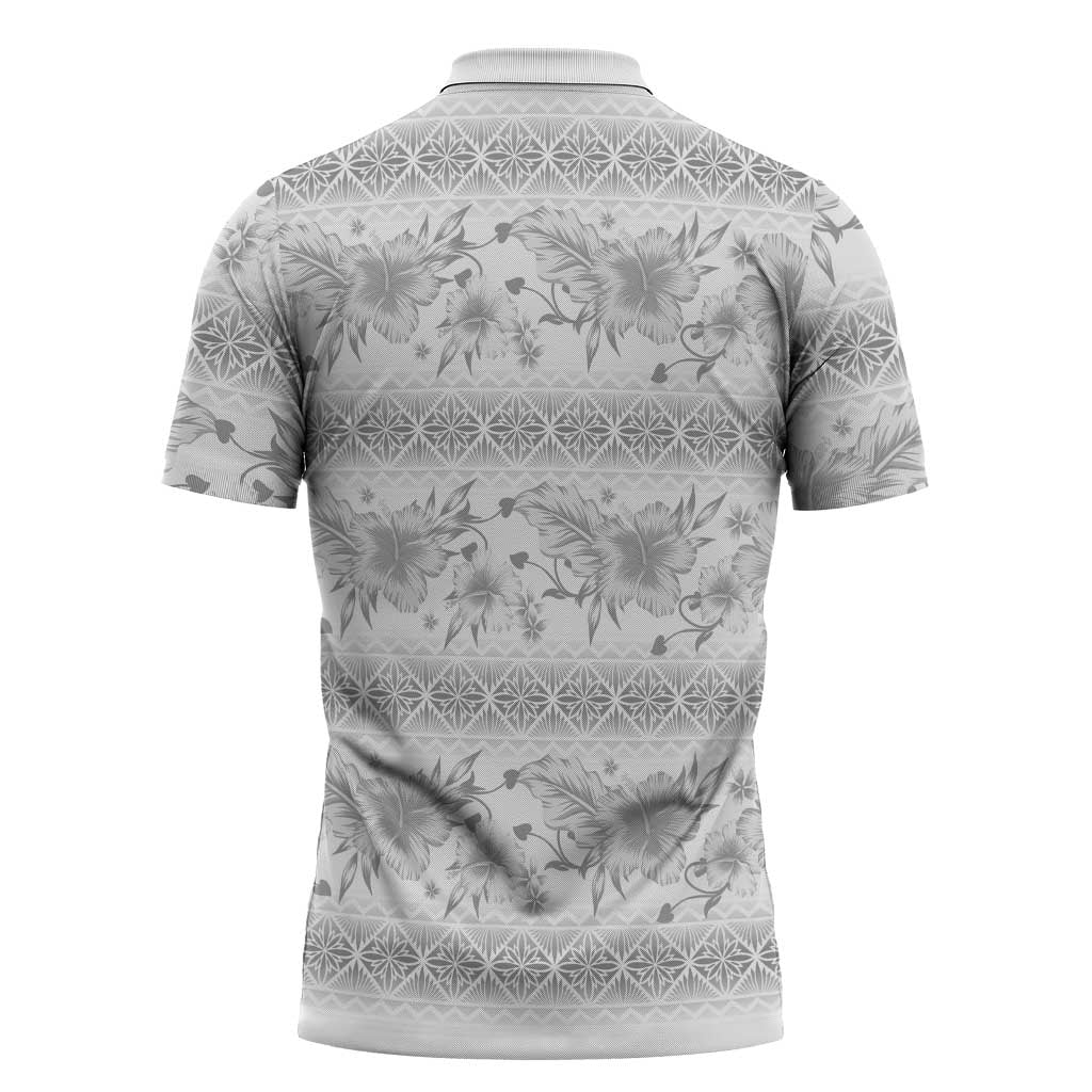 Samoa White Sunday Zipper Polo Shirt Samoan Tapa White Hibiscus - Polynesian Pride