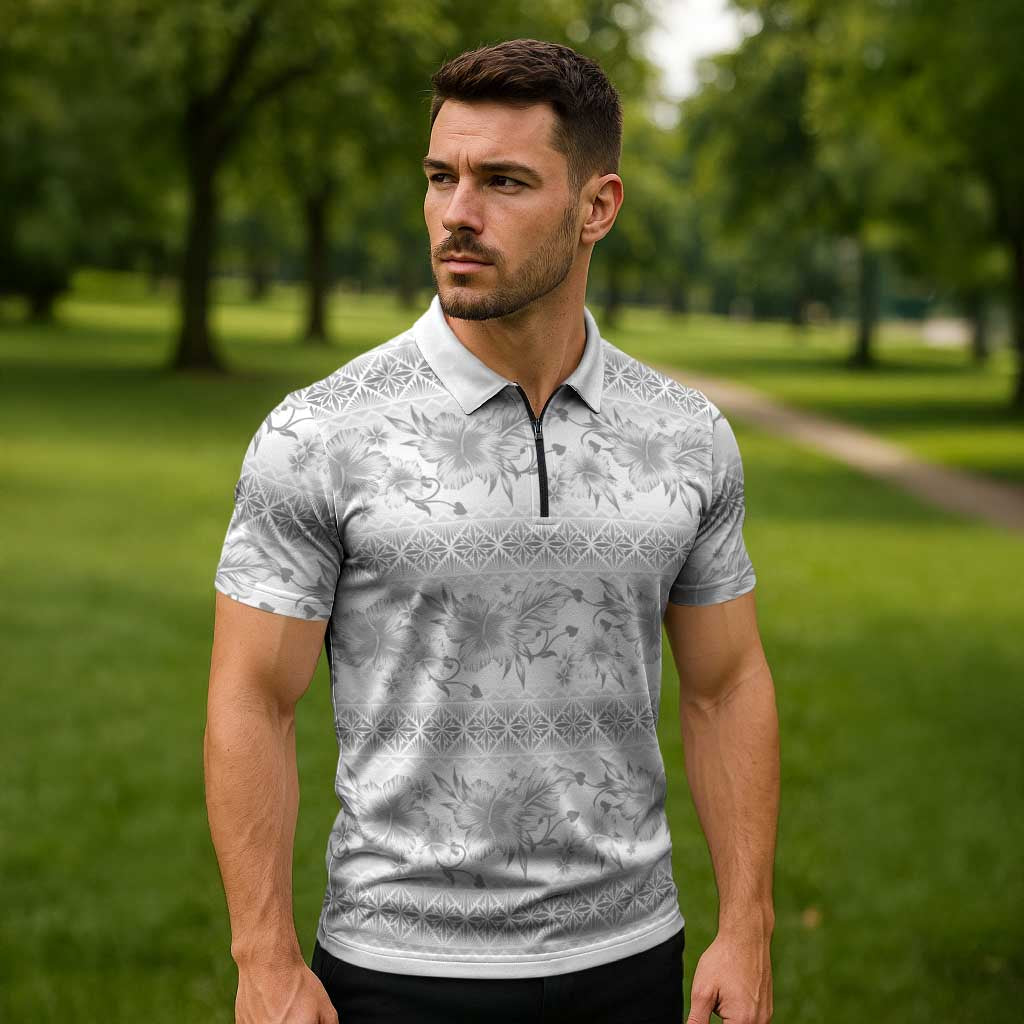 Samoa White Sunday Zipper Polo Shirt Samoan Tapa White Hibiscus - Polynesian Pride