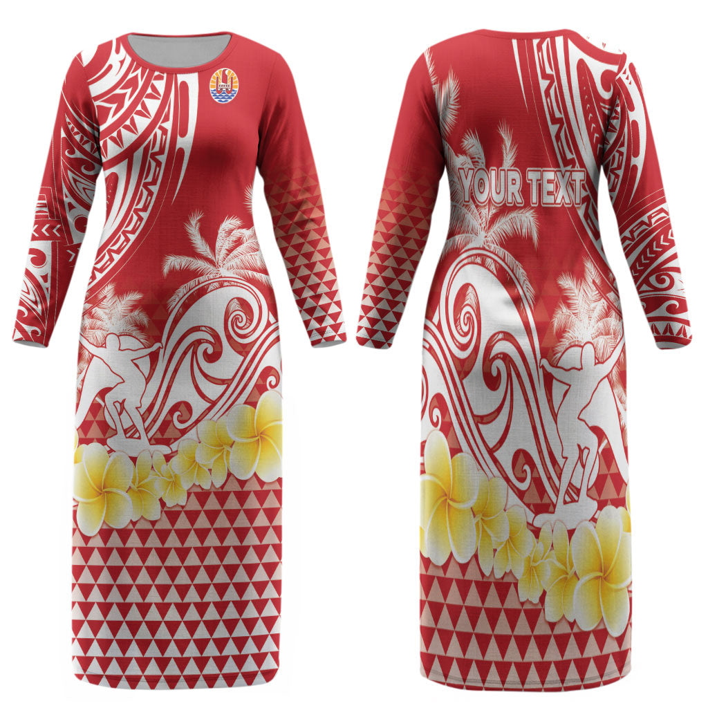 Personalised Tahiti Surfing Family Matching Long Sleeve Bodycon Dress and Hawaiian Shirt Polynesian Style LT05 Mom's Dress Red - Polynesian Pride
