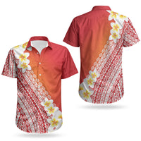 Tahiti Plumeria Tribal Pattern Couples Matching Off Shoulder Short Dress and Hawaiian Shirt Wave Style Red LT05 - Polynesian Pride