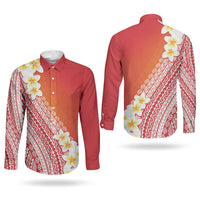 Tahiti Plumeria Tribal Pattern Couples Matching Off Shoulder Short Dress and Long Sleeve Button Shirt Wave Style Red LT05 - Polynesian Pride