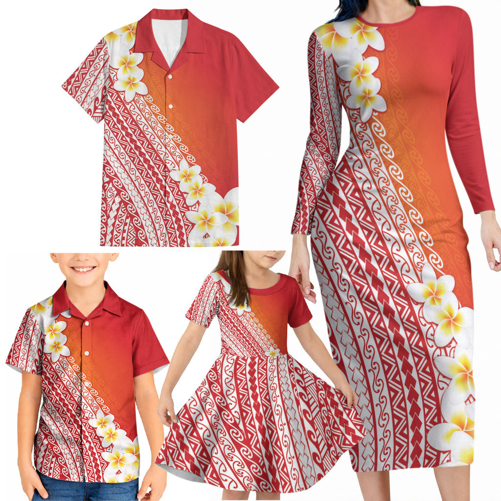 Tahiti Plumeria Tribal Pattern Family Matching Long Sleeve Bodycon Dress and Hawaiian Shirt Wave Style Red LT05 - Polynesian Pride