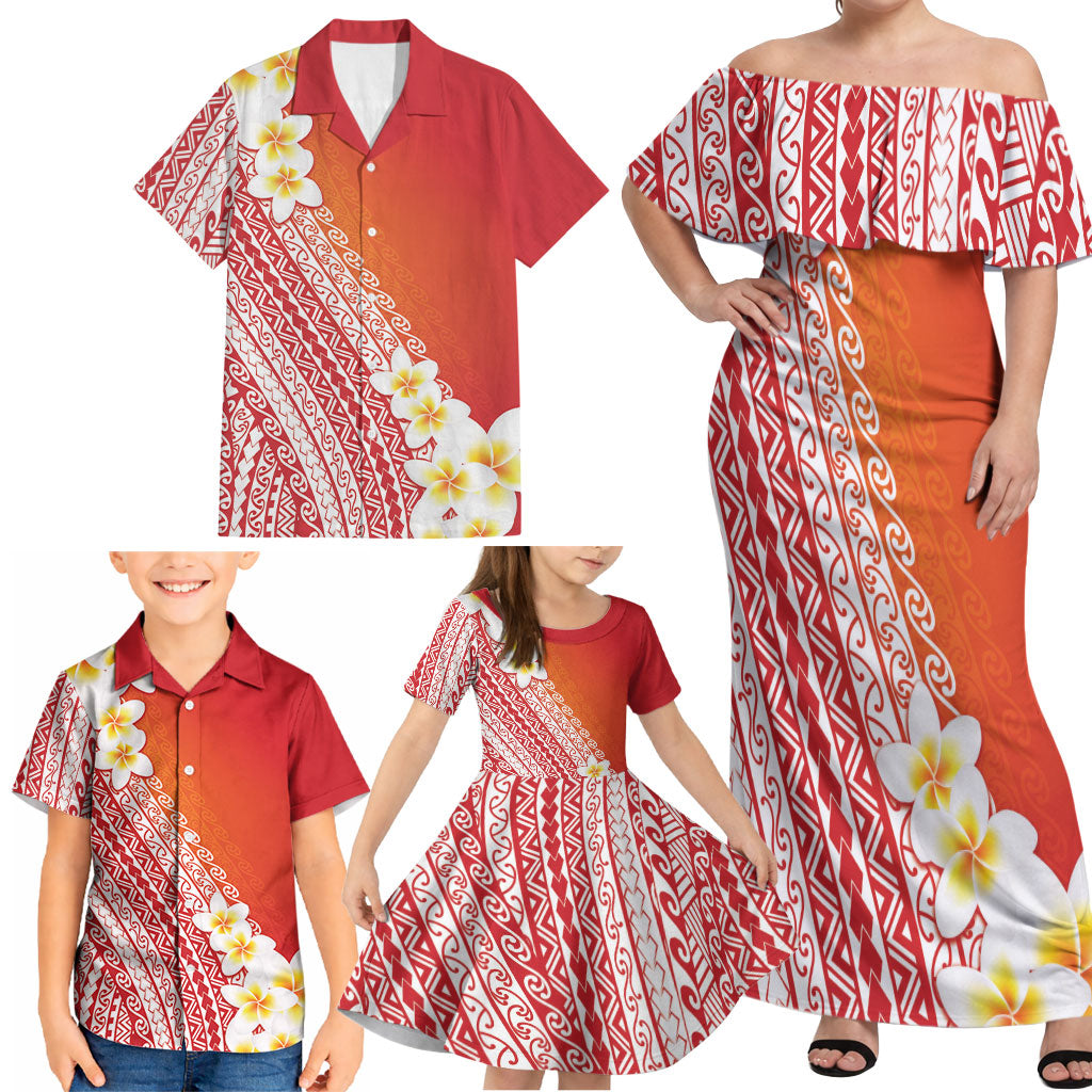 Tahiti Plumeria Tribal Pattern Family Matching Off Shoulder Maxi Dress and Hawaiian Shirt Wave Style Red LT05 - Polynesian Pride