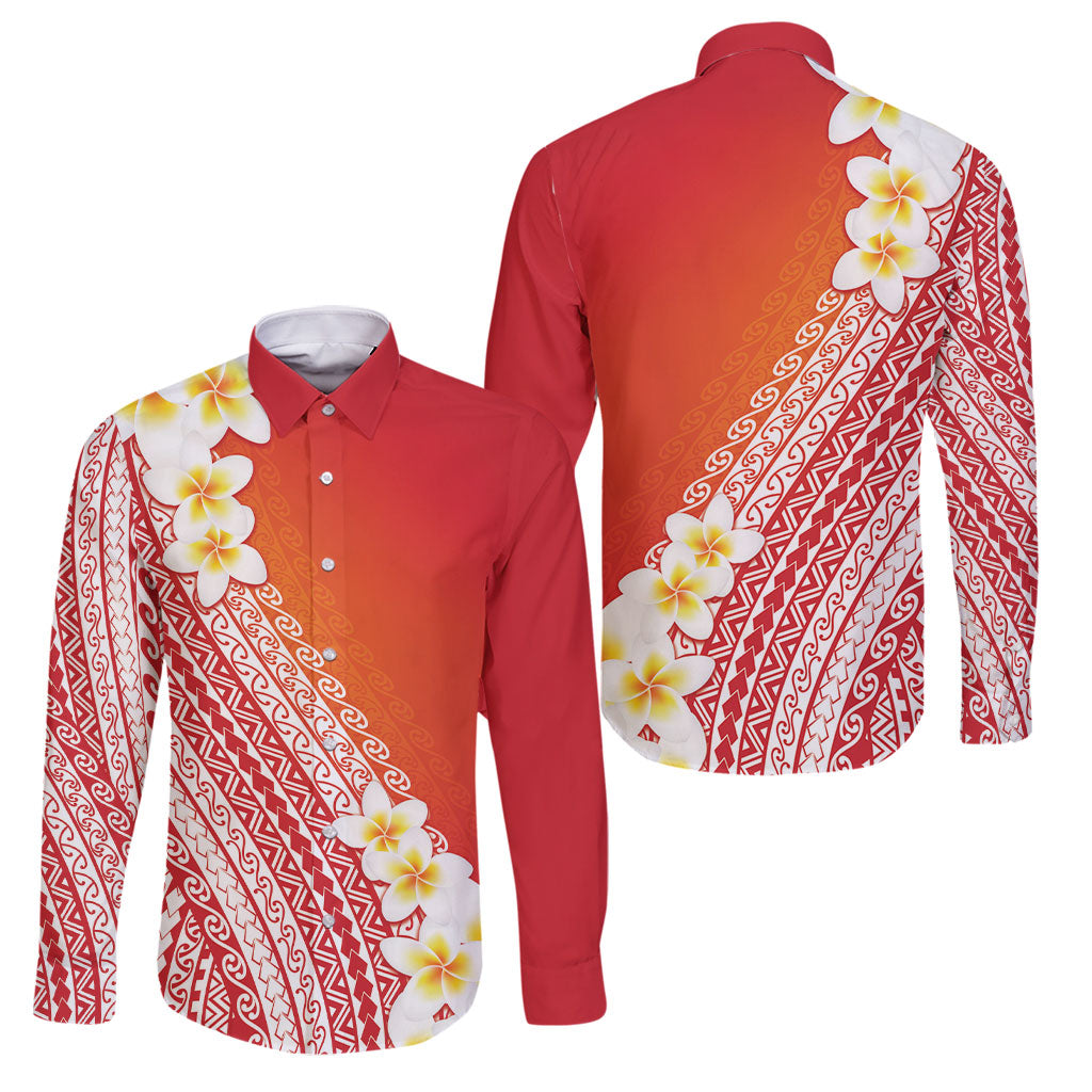 Tahiti Plumeria Tribal Pattern Family Matching Puletasi and Hawaiian Shirt Wave Style Red LT05 Dad's Shirt - Long Sleeve Red - Polynesian Pride