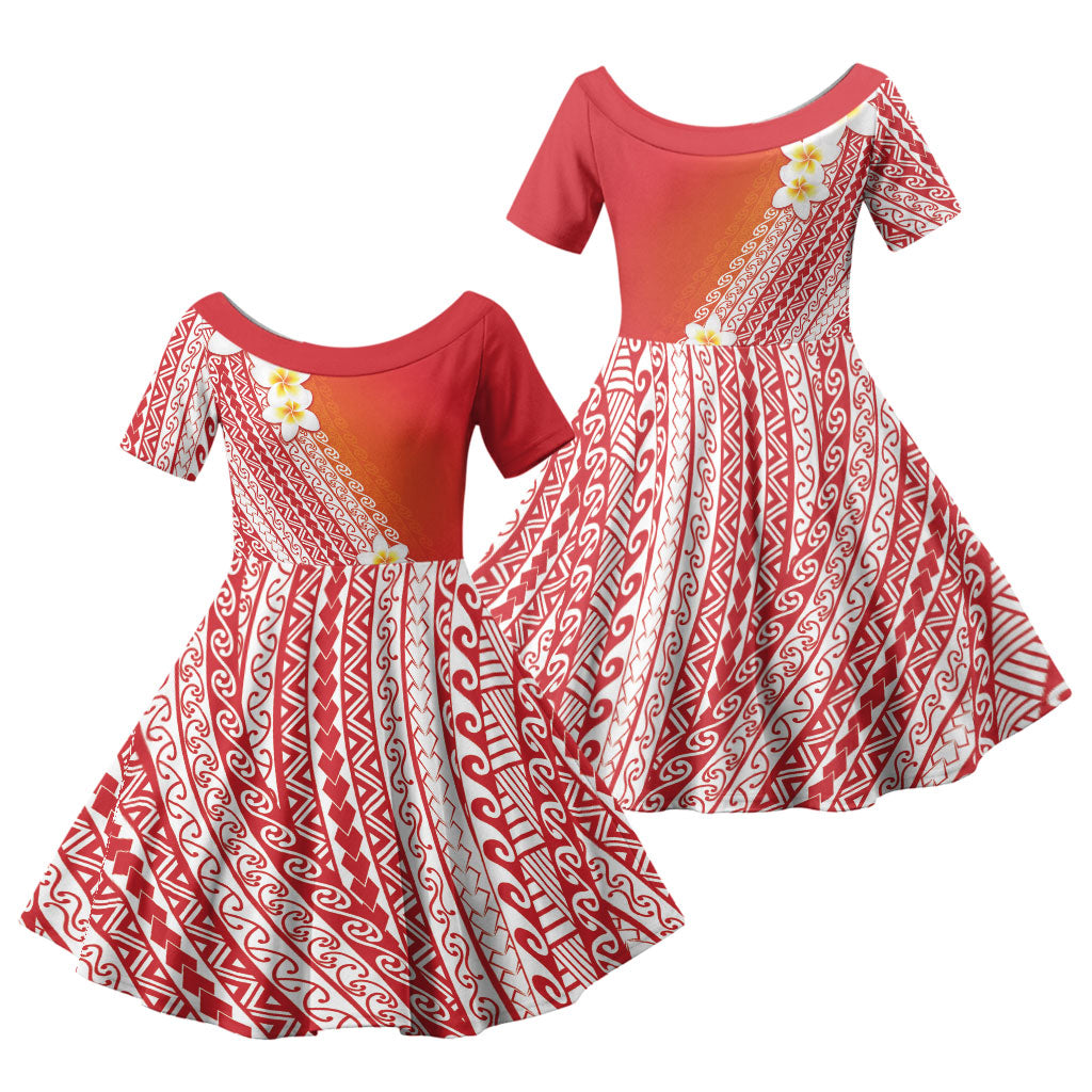 Tahiti Plumeria Tribal Pattern Family Matching Summer Maxi Dress and Hawaiian Shirt Wave Style Red LT05 Daughter's Dress Red - Polynesian Pride