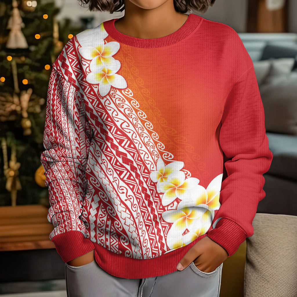 Tahiti Plumeria Tribal Pattern Kid Ugly Christmas Sweater Wave Style Red LT05 - Polynesian Pride