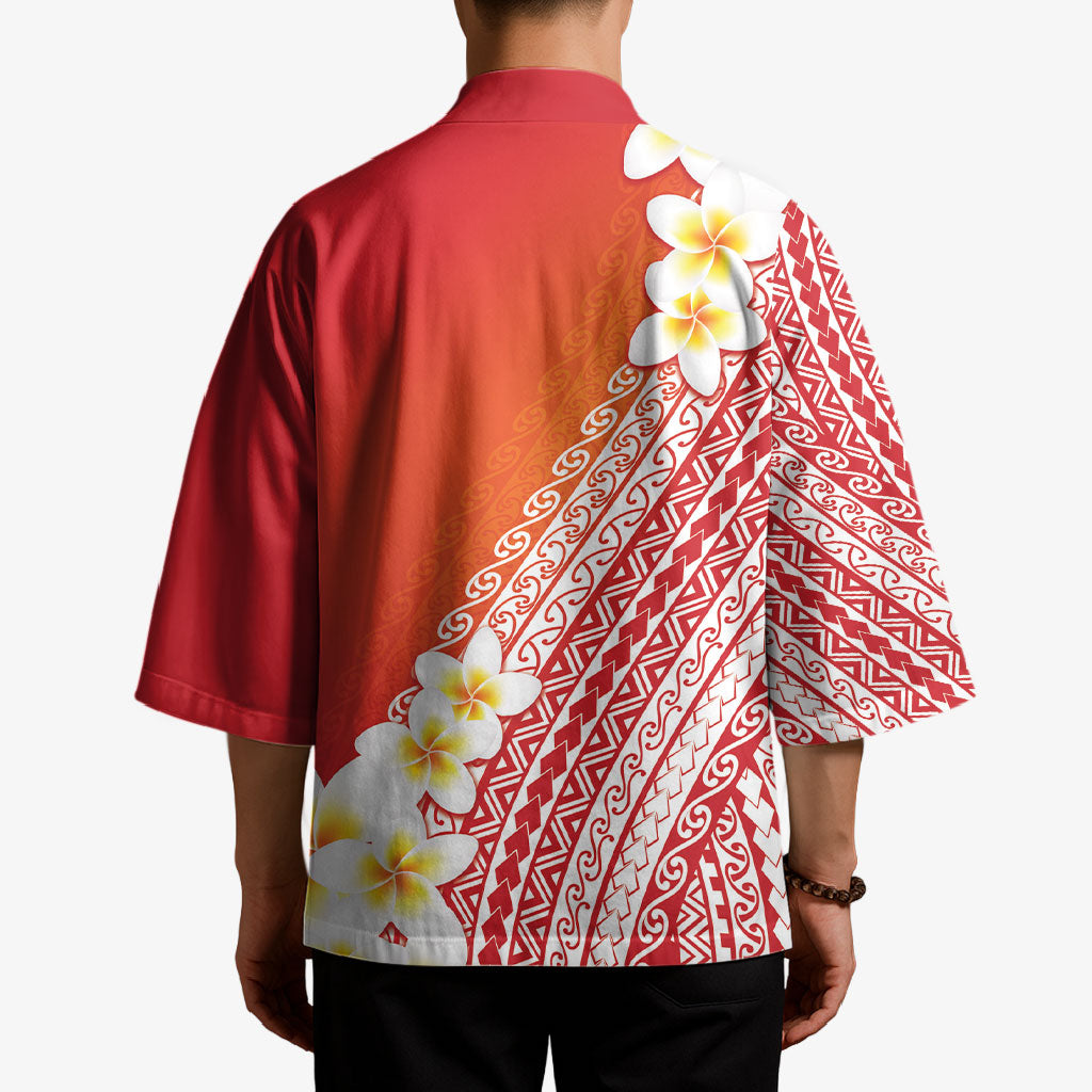 Tahiti Plumeria Tribal Pattern Kimono Wave Style Red LT05 - Polynesian Pride