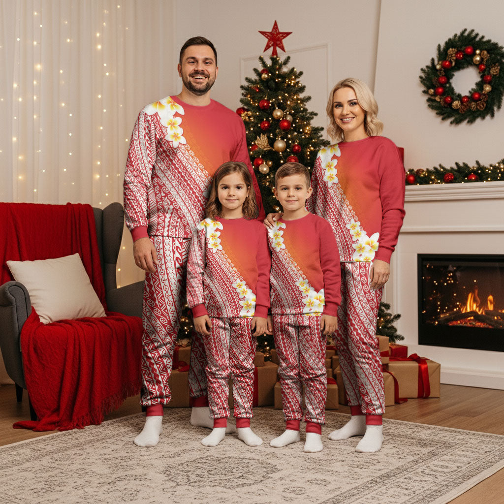Tahiti Plumeria Tribal Pattern Christmas Pajama Set Wave Style Red LT05 - Polynesian Pride