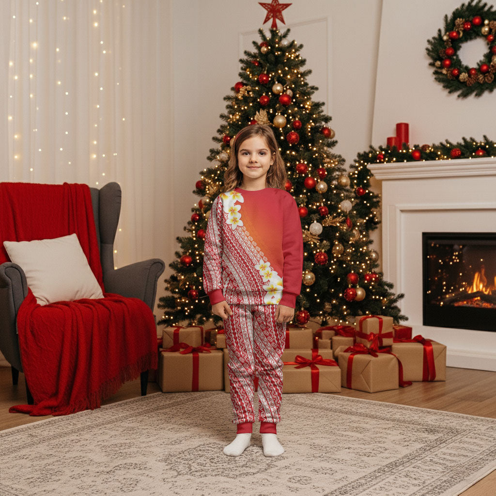 Tahiti Plumeria Tribal Pattern Christmas Pajama Set Wave Style Red LT05 Kid Red - Polynesian Pride