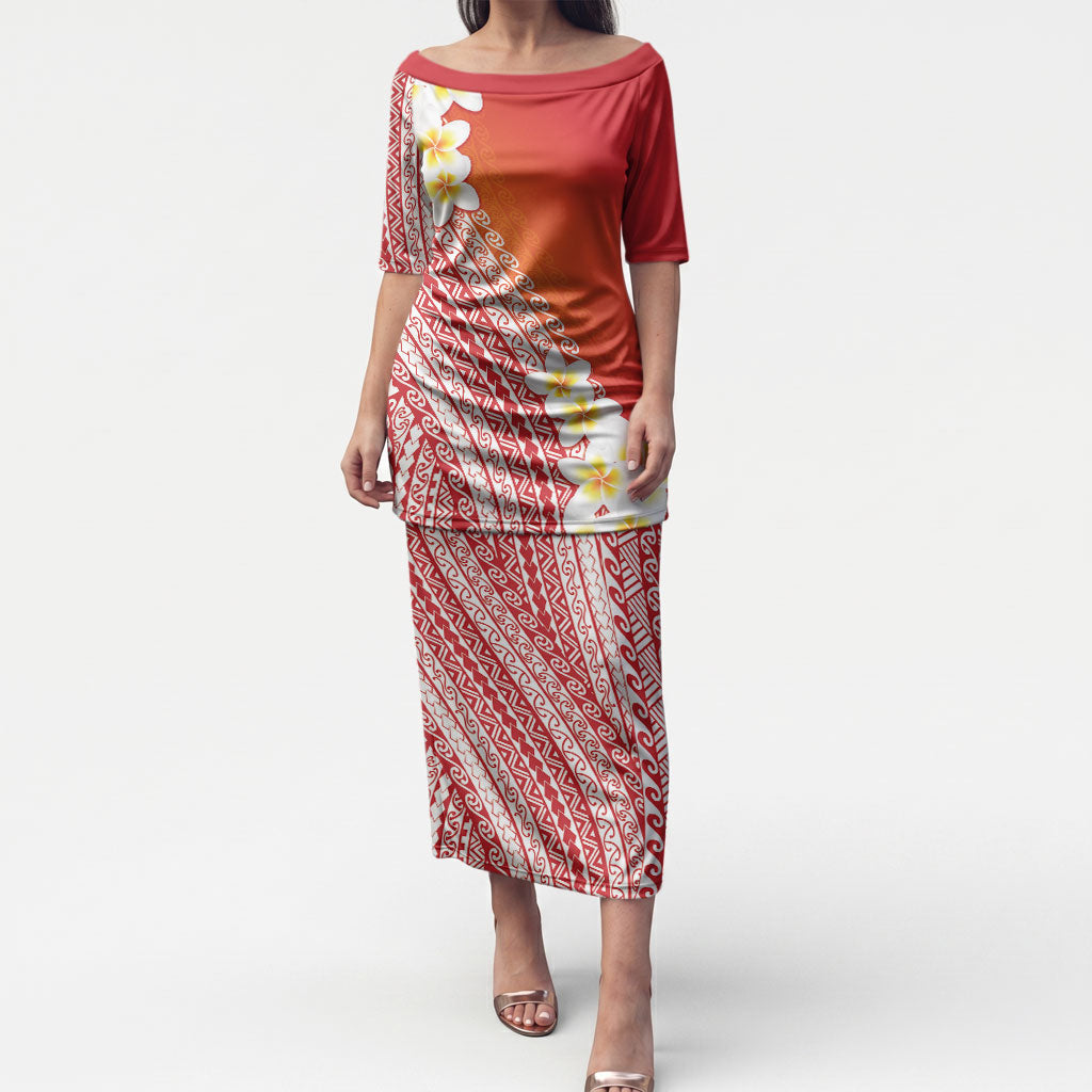 Tahiti Plumeria Tribal Pattern Puletasi Wave Style Red LT05 Long Dress Red - Polynesian Pride