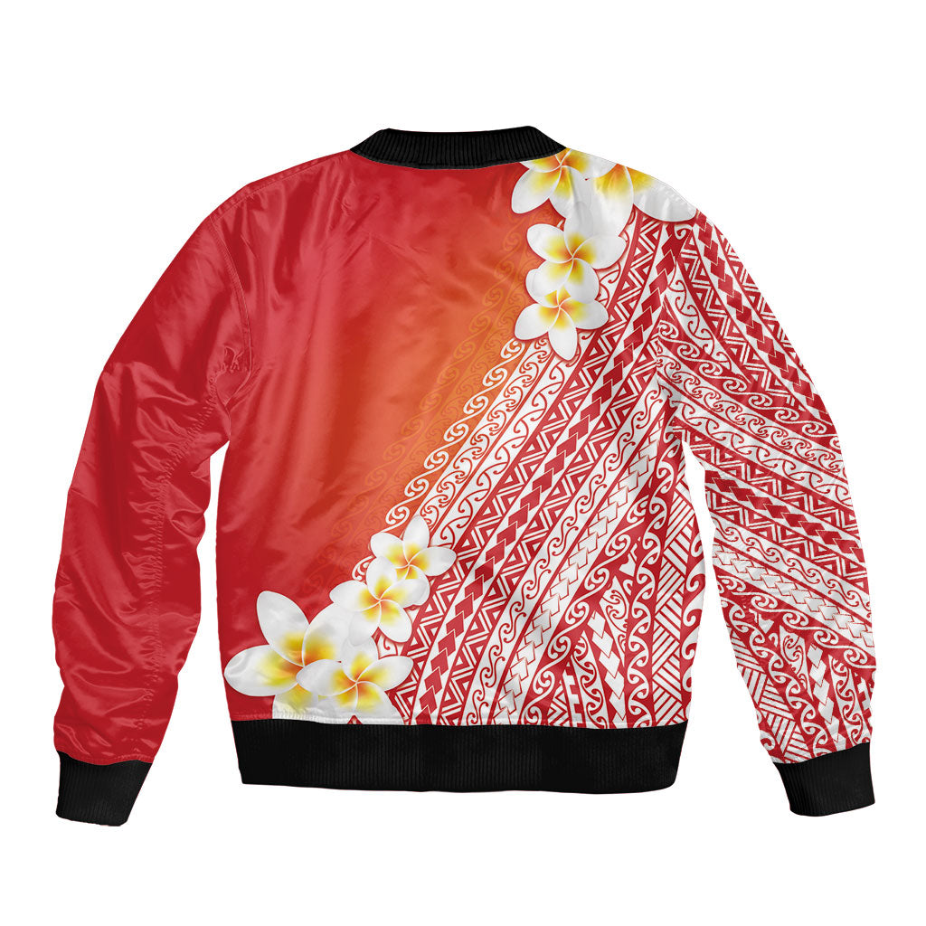 Tahiti Plumeria Tribal Pattern Sleeve Zip Bomber Jacket Wave Style Red LT05 - Polynesian Pride