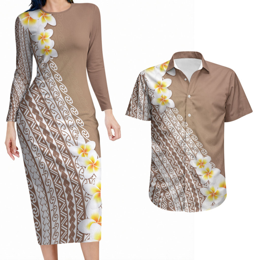 Tahiti Plumeria Tribal Pattern Couples Matching Long Sleeve Bodycon Dress and Hawaiian Shirt Wave Style Brown LT05 Brown - Polynesian Pride