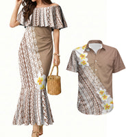 Tahiti Plumeria Tribal Pattern Couples Matching Mermaid Dress and Hawaiian Shirt Wave Style Brown LT05 Brown - Polynesian Pride
