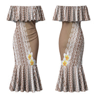 Tahiti Plumeria Tribal Pattern Couples Matching Mermaid Dress and Hawaiian Shirt Wave Style Brown LT05 - Polynesian Pride