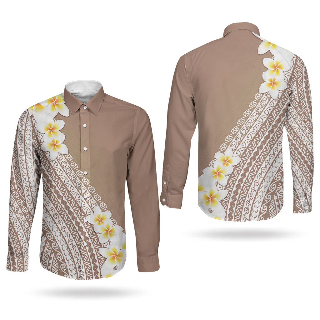 Tahiti Plumeria Tribal Pattern Couples Matching Off The Shoulder Long Sleeve Dress and Long Sleeve Button Shirt Wave Style Brown LT05 - Polynesian Pride