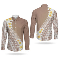 Tahiti Plumeria Tribal Pattern Couples Matching Off The Shoulder Long Sleeve Dress and Long Sleeve Button Shirt Wave Style Brown LT05 - Polynesian Pride