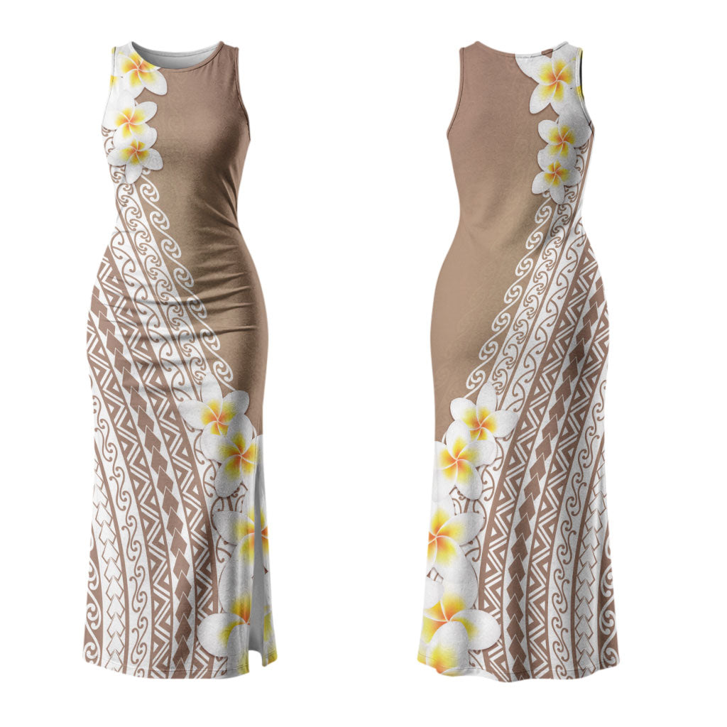 Tahiti Plumeria Tribal Pattern Couples Matching Tank Maxi Dress and Long Sleeve Button Shirt Wave Style Brown LT05 - Polynesian Pride