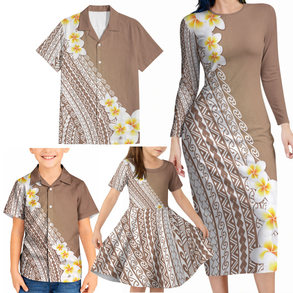 Tahiti Plumeria Tribal Pattern Family Matching Long Sleeve Bodycon Dress and Hawaiian Shirt Wave Style Brown LT05 - Polynesian Pride