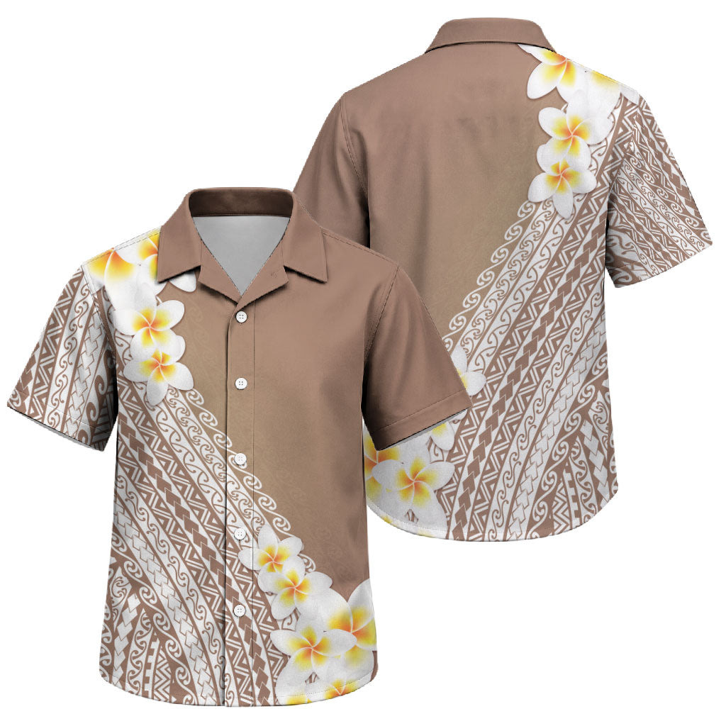 Tahiti Plumeria Tribal Pattern Family Matching Off The Shoulder Long Sleeve Dress and Hawaiian Shirt Wave Style Brown LT05 Son's Shirt Brown - Polynesian Pride