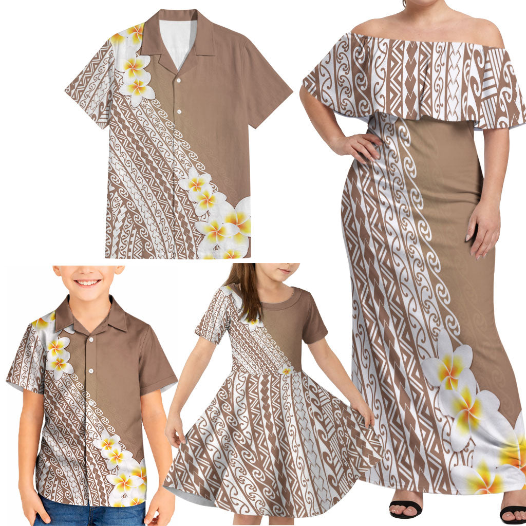 Tahiti Plumeria Tribal Pattern Family Matching Off Shoulder Maxi Dress and Hawaiian Shirt Wave Style Brown LT05 - Polynesian Pride