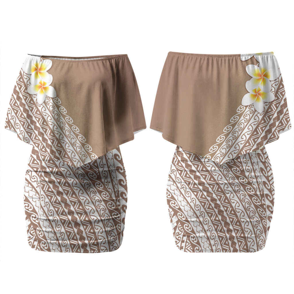Tahiti Plumeria Tribal Pattern Family Matching Off Shoulder Short Dress and Hawaiian Shirt Wave Style Brown LT05 Mom's Dress Brown - Polynesian Pride