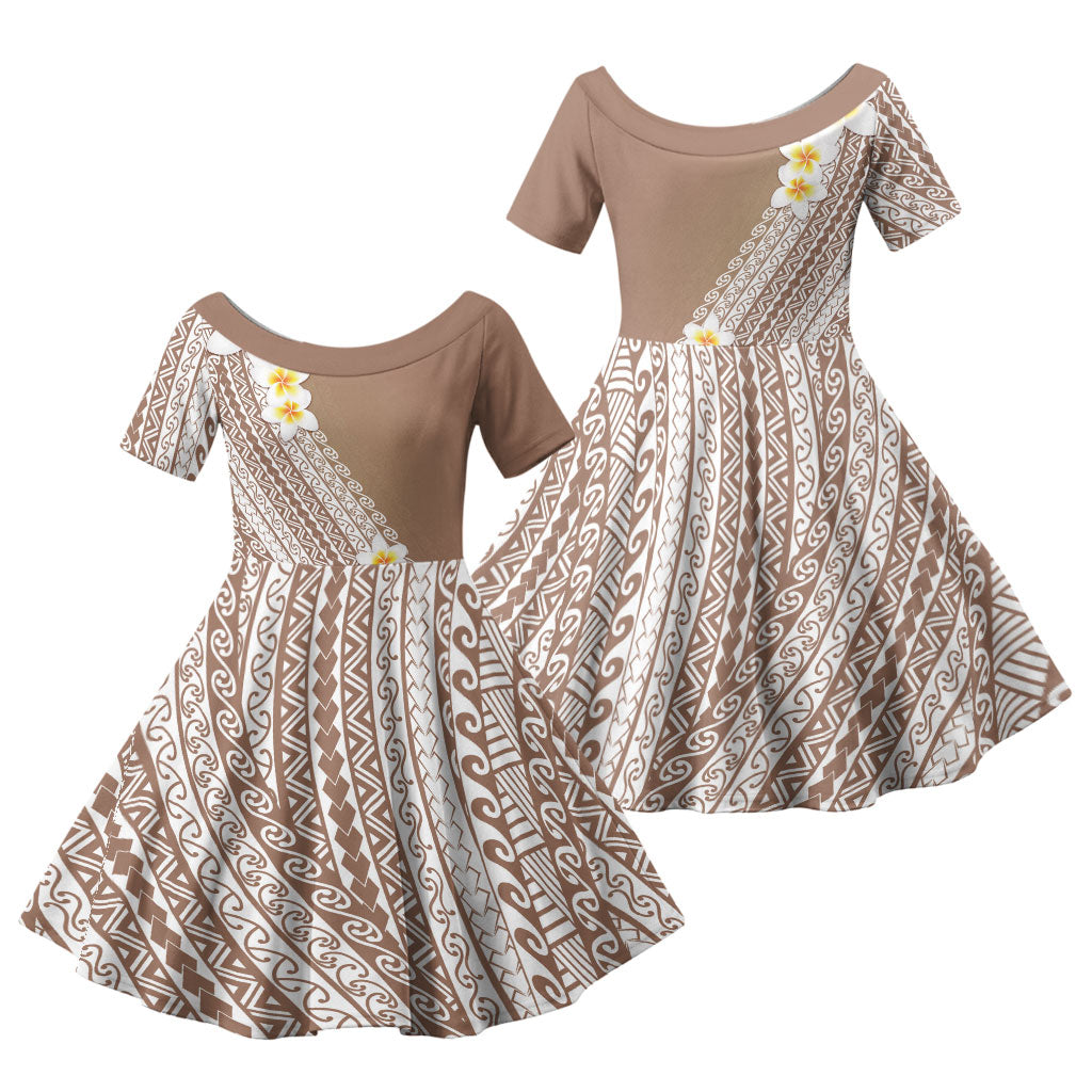 Tahiti Plumeria Tribal Pattern Family Matching Off Shoulder Short Dress and Hawaiian Shirt Wave Style Brown LT05 Daughter's Dress Brown - Polynesian Pride