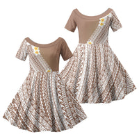 Tahiti Plumeria Tribal Pattern Family Matching Off Shoulder Short Dress and Hawaiian Shirt Wave Style Brown LT05 Daughter's Dress Brown - Polynesian Pride