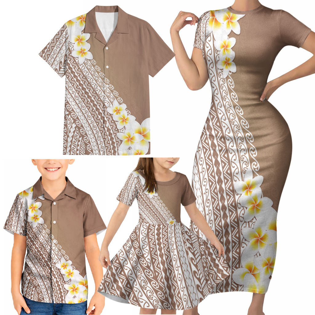 Tahiti Plumeria Tribal Pattern Family Matching Short Sleeve Bodycon Dress and Hawaiian Shirt Wave Style Brown LT05 - Polynesian Pride