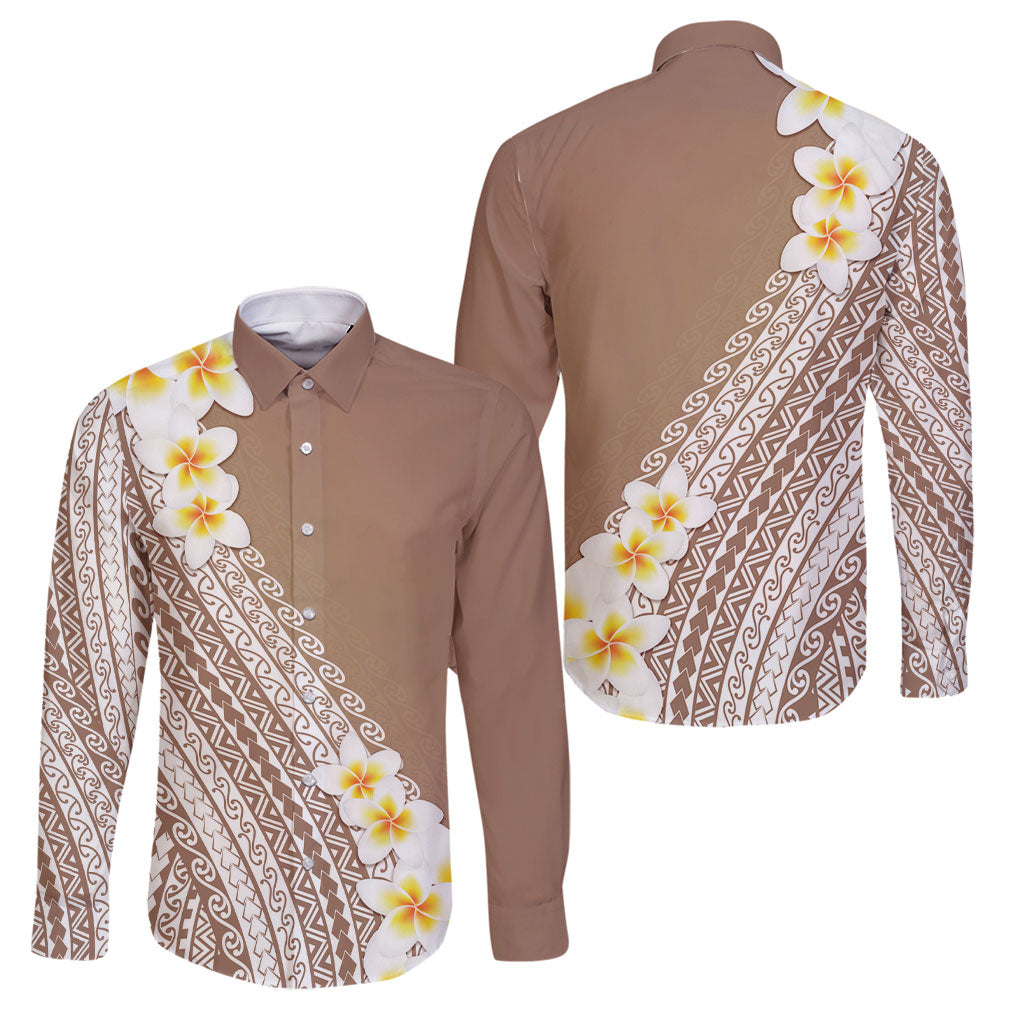 Tahiti Plumeria Tribal Pattern Family Matching Tank Maxi Dress and Hawaiian Shirt Wave Style Brown LT05 Dad's Shirt - Long Sleeve Brown - Polynesian Pride