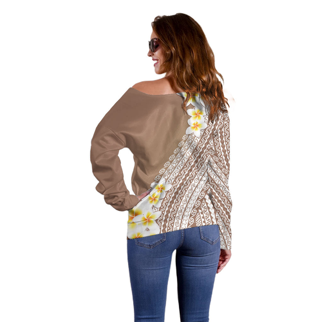 Tahiti Plumeria Tribal Pattern Off Shoulder Sweater Wave Style Brown LT05 - Polynesian Pride