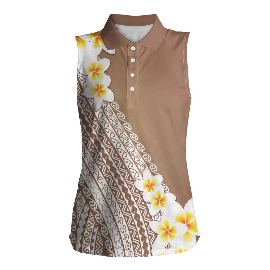 Tahiti Plumeria Tribal Pattern Women Sleeveless Polo Shirt Wave Style Brown LT05 Female Brown - Polynesian Pride