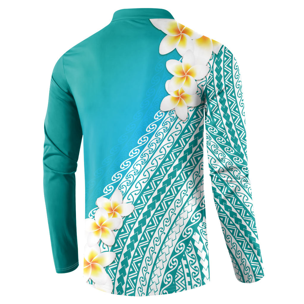 Tahiti Plumeria Tribal Pattern Button Sweatshirt Wave Style Turquoise LT05 - Polynesian Pride